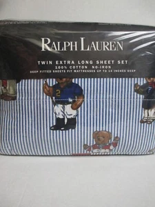 Ralph Lauren Polo TEDDY BEAR Blue White Striped EXTRA LONG Sheet Set - Twin XL - Picture 1 of 12