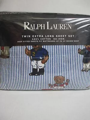Ralph Lauren Polo TEDDY BEAR Blue White Striped EXTRA LONG Sheet Set - Twin XL - Image 1 of 4