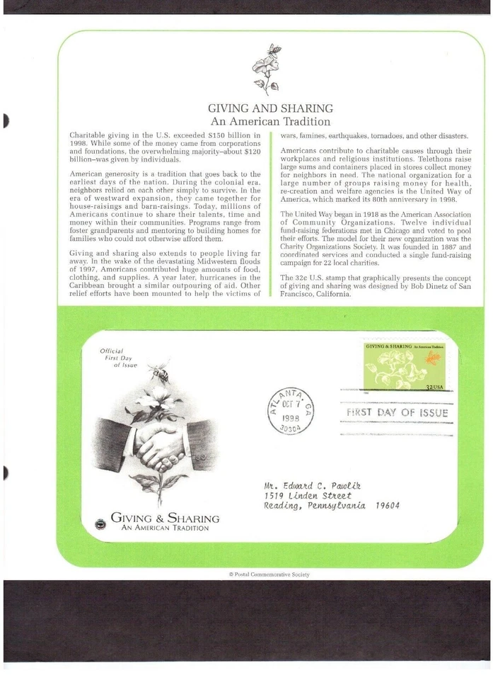 Postal Society First Day FDC Stamp # 3243 Giving and Sharing 32 cent 1998 - Image 1 of 1