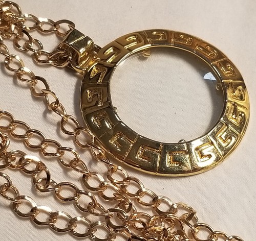 Collana catena vintage firmata Givenchy Paris chiave greca lente di ingrandimento ciondolo # 159