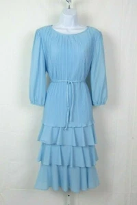 VTG 1960s SANDI DEE SIZE 13 / 14 POWDER BLUE DRESS ACCORDION FOLD RUFFLE LAYERS - Picture 1 of 11