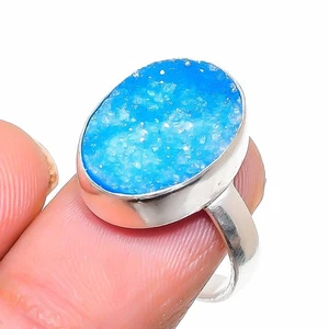Blue Druzy Gemstone 925 Sterling Silver Jewelry Ring Size Adjustable f975 - Picture 1 of 4