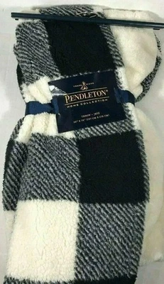 Pendleton Buffalo Plaid Black Ivory Plush Sherpa Reversible Throw Blanket 50x70" - Image 1 of 3