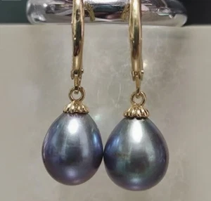 Nuovi orecchini pendenti 11-12 mm AAA+ perle tahitiane barocche naturali nere oro 14k - Foto 1 di 2