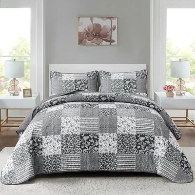 黑色灰色波西米亚被子套装特大号,3 件格子花卉床罩套组 — 第 1/4 张图片