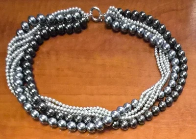 Estate 925 Light To Dark Gray Twisted 6 Strand Faux Pearl 20" Statement Necklace - Image 1 of 4