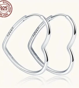 Womens S925 Sterling Silver Heart Hoop Earrings. BNIP. UK Seller. - Picture 1 of 6