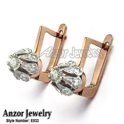 Pendientes estilo europeo de diamantes de oro rosa y blanco macizo de 14k #E533 Foto 1 de 4