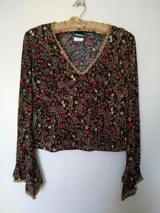 Top Baranda Floral Estampado Paisley Negro con Encaje Dorado Mangas Largas Campana Grande - Imagen 1 de 5
