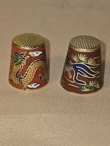 Metal Enamel Cloisonne Dragon and Fish Thimbles, Blue Inside - Picture 1 of 2