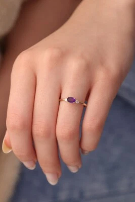 Minimalist Natural Amethyst 14K Yellow Gold Plated On 925 Silver Proposal Ring - Image 1 of 4