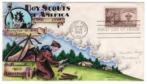 #995 Boy Scouts Dorothy Knapp Hand-Painted Cachet 1950 FDC - Valley Forge PA VF - Picture 1 of 2