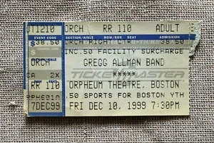 GREGG ALLMAN BAND Concert Ticket Stub 12/10/1999 Orpheum Theatre Boston, MA - Picture 1 of 2
