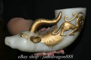 8.4" Chinese Marked Old White Jade Gilt Carving Animal Sheep Statue Wine Cup - Picture 1 of 17