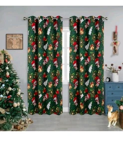 Tony Collection Santa Claus Curtains Hunter Green 2 Panels  - Picture 1 of 8