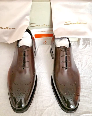 NUEVO EN CAJA Zapatos Santoni Kaj Brogue Una Pieza Bicolor Cuero de Becerro Marrón EE. UU. 8,5 $1600 Foto 1 de 4