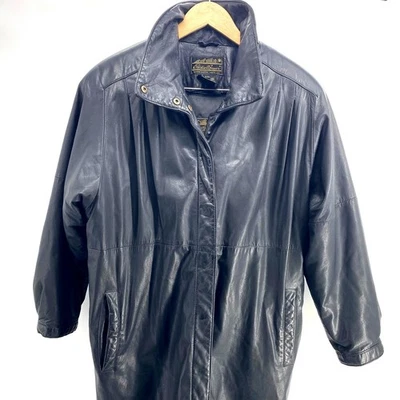 Eddie Bauer Black Leather Full Length Trench Coat Duster GooseDown Zip Lining M - Image 1 of 4