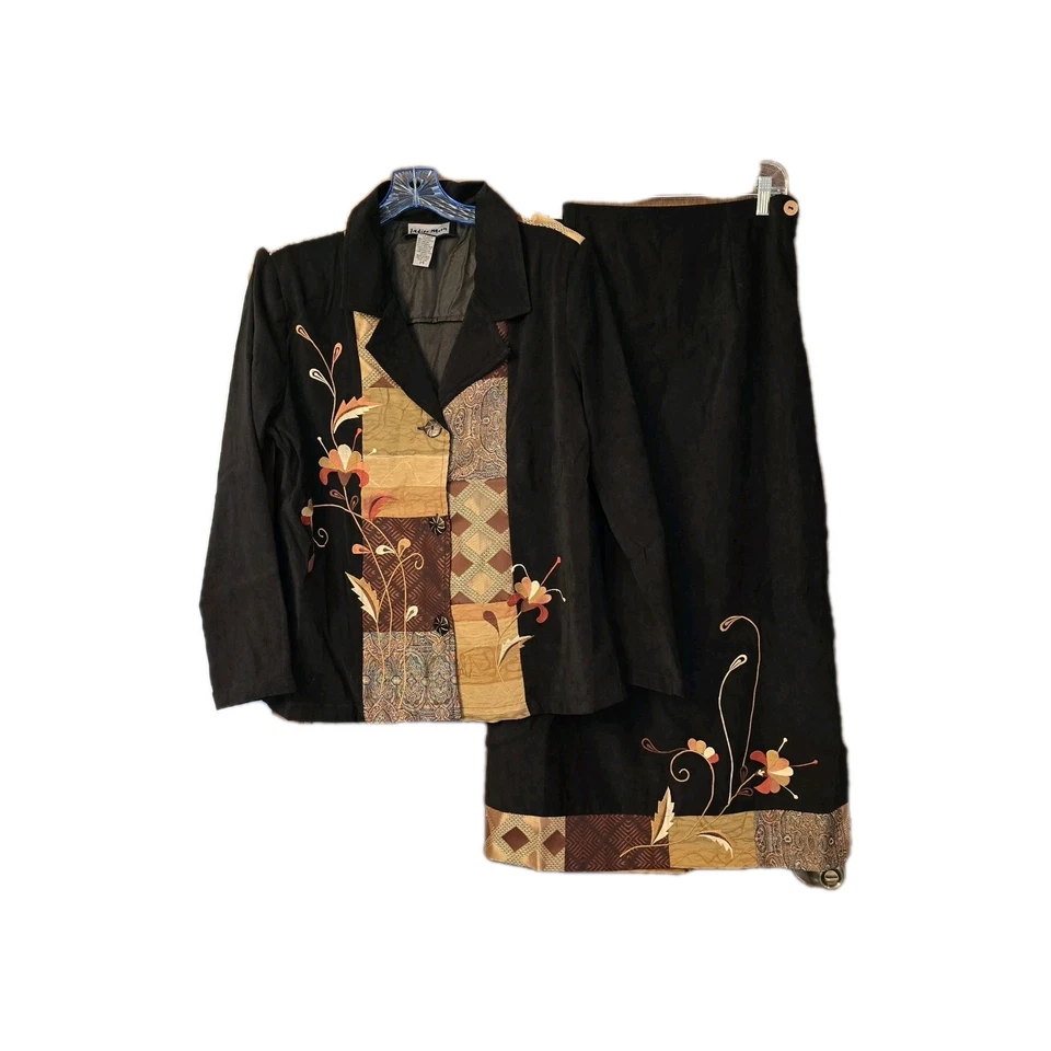Conjunto de chaqueta y falda Indigo Moon tapiz de retazos floral sensación de terciopelo talla 14  Foto 1 de 4