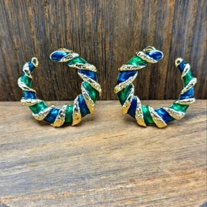 Avon 1987 Spiral Color Earrings Pierced Hoop Enamel Gold Tone Metal Statement - Picture 1 of 7