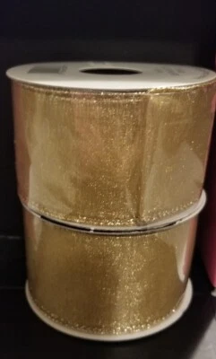 Lot of 2 Offray Gold Glitter Wired-edge Ribbon 2"×9'  New. MY12 - Image 1 of 4