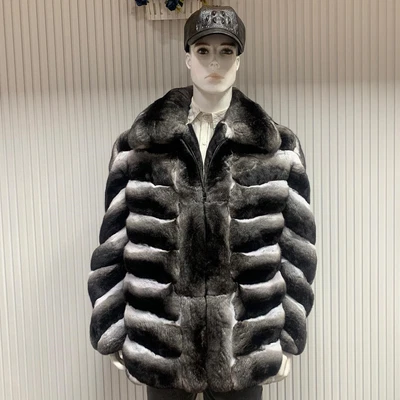 New Mens Chinchilla Jackets Natural Rex Rabbit Fur Coat Winter Real Fur Overcoat - Image 1 of 4