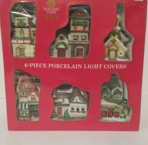 Vintage Porcelain Christmas Light Covers Houses Church Village With Box - Picture 1 of 10