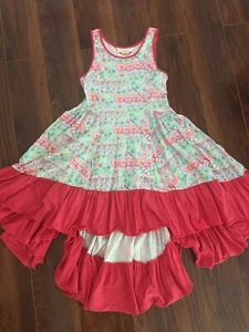 Paper Wings Hi Low Ruffle Tank Bustle Dress Hearts Canoe Blue Green Red Sz 8 EUC - Picture 1 of 10