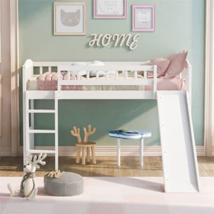 Twin Size Wood Loft Bed with Slide and Ladder for Teens Kids White - Picture 1 of 14