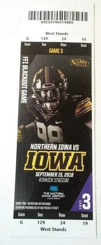 2018 Iowa Hawkeyes Northern Iowa Football Full Ticket Stub Cover