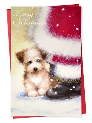 Sincere MERRY CHRISTMAS Card, Cute Puppy Dog Santa by Bella Greetings + Envelope