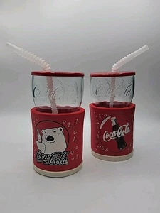 Coca Cola Polar Bear Koozie Insulated Foam Plastic Lid Cup Vintage Lot Of 2 - Picture 1 of 4