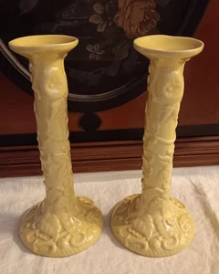 2 Bordallo Pinheiro Flowers Yellow 8 1/2" Candlesticks Candle Holders Portugal - Picture 1 of 8