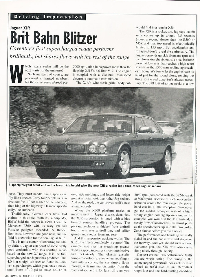 1995 Jaguar XJR Sedan  -  Classic Car Original Print Article J70 - Image 1 of 1