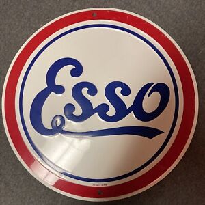 ESSO Gasoline 12" Embossed Circular Tin Metal Sign Garage Vintage Old Sign