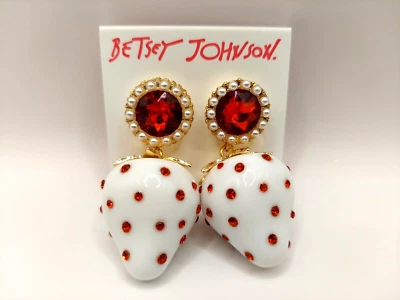 NWT Betsey Johnson White 🍓🍓Strawberry🍓🍓 With Red Crystals Drop Earrings - Image 1 of 3