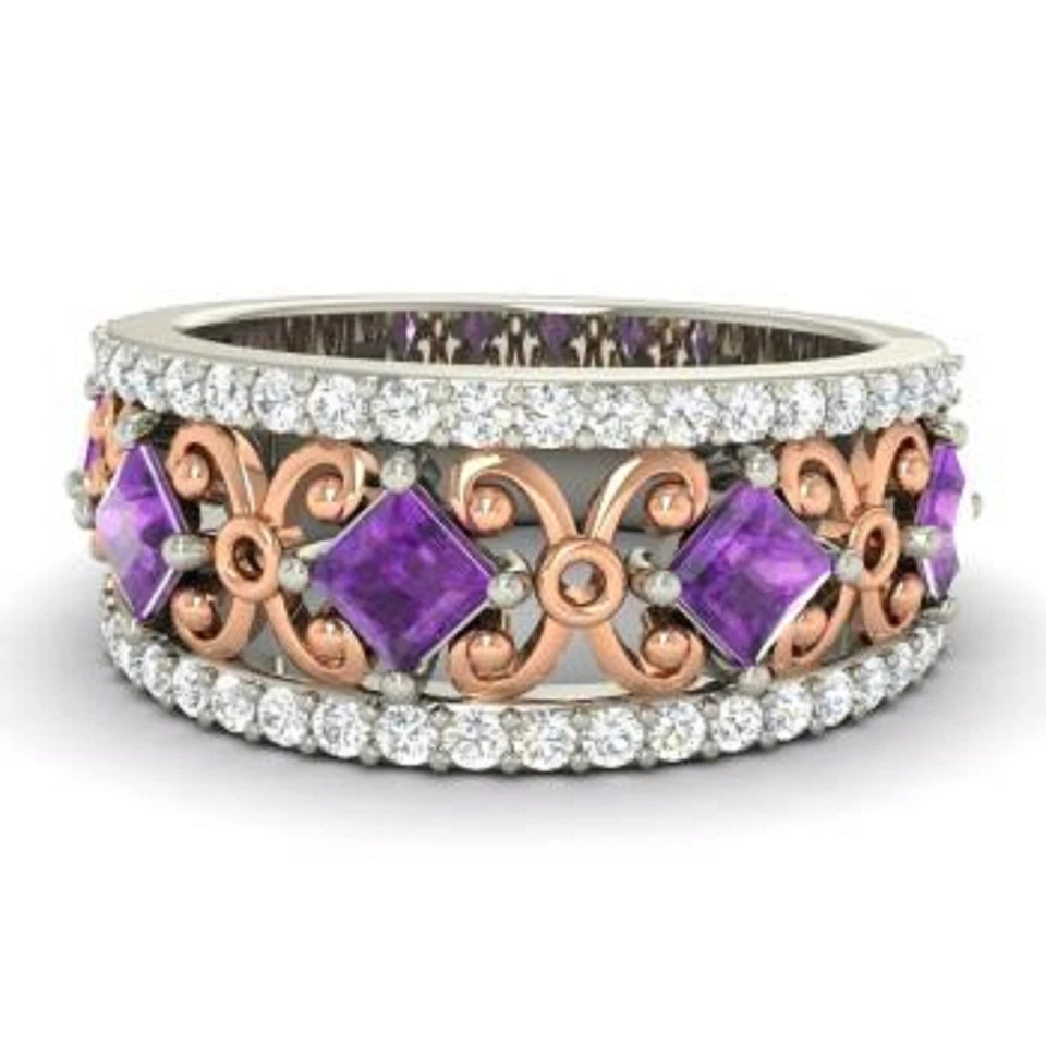1.31 Ct VS1 Natural Amethyst & Diamond Wedding Eternity Band 14K Multitone Gold - Image 1 of 4