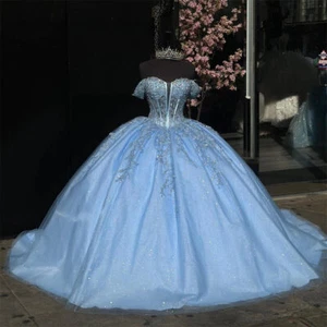 Glitters Blue Quinceanera Dresses Off the Shoulder Prom Sweet 15 16 Ball Gowns - Picture 1 of 6