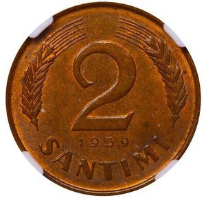 1939 Latvia Pres. Karlis Ulmanis 2 Santimi Bronze Coin Graded NGC MS 64 BN - Picture 1 of 3