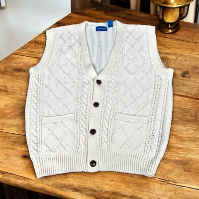 Vtg 90s Towncraft Sweater Vest Large Cable Knit Gray Grandpa Dad Buttons Pockets - Image 1 of 4