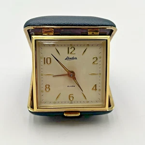 Vintage Linden Gold Tone Travel Alarm Clock Folding Black Leather Style Case - Picture 1 of 8