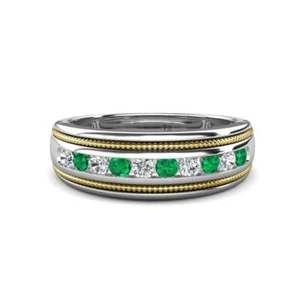 Round Natural Diamond & Emerald Men Wedding Band 14K Gold JP:323159 - Picture 1 of 16