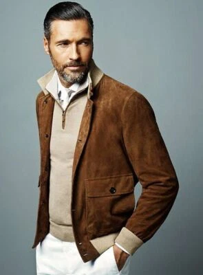 Brown Bomber Leather Jacket for Men Pure Suede Size S M L XL XXL 3XL Custom Made - Image 1 of 3