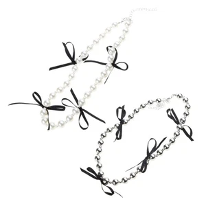 Fashionable Black Ribbon Bowknot Necklace Faux Pearl Alloy Chain Choker Chains - Picture 1 of 10