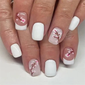 24Pieces/Pack Press On Nail ABS Materials False Nail White Flower Pattern - Picture 1 of 8