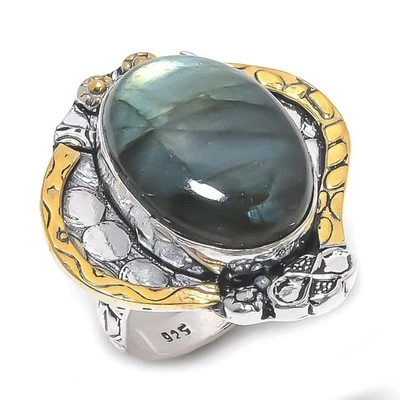 Anillo de regalo de dos tonos de plata de ley 925 hecho a mano con piedras preciosas de labradorita talla 8 v337 Foto 1 de 3