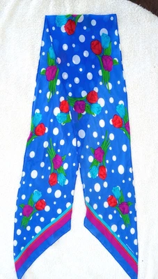 Vintage LIZ CLAIBORNE SCARF 64" x 6" Blue Red Purple Tulips Polka Dots NECK HAT - Image 1 of 4