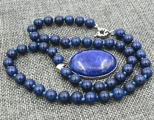 New 8mm Blue Egyptian Lapis Lazuli Gemstone Beads Oval Pendant Necklace 18" AAA - Picture 1 of 12