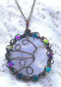 ANTIQUED COPPER Wire Wrapped ROCK CRYSTAL HALF MOON Pendant w Stars (#15) - Picture 1 of 2