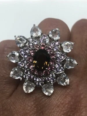 Vintage Genuine 30.11ct Smoky Topaz Pink Tourmaline & White Sapphire 925 SS Ring - Image 1 of 4