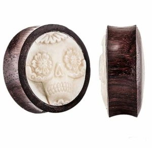 PAIR-Wood w/ Bone Skull Saddle Flare Ear Plugs 14mm/9/16" Gauge  - Picture 1 of 3